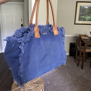 Melissa Odabash Cap Ferrat tote bag in navy blue cotton with leather handles